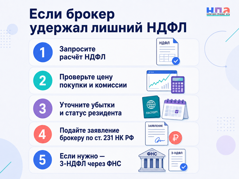 Брокер удержал завышенный НДФЛ по ценным бумагам как пересчитать налог и вернуть деньги