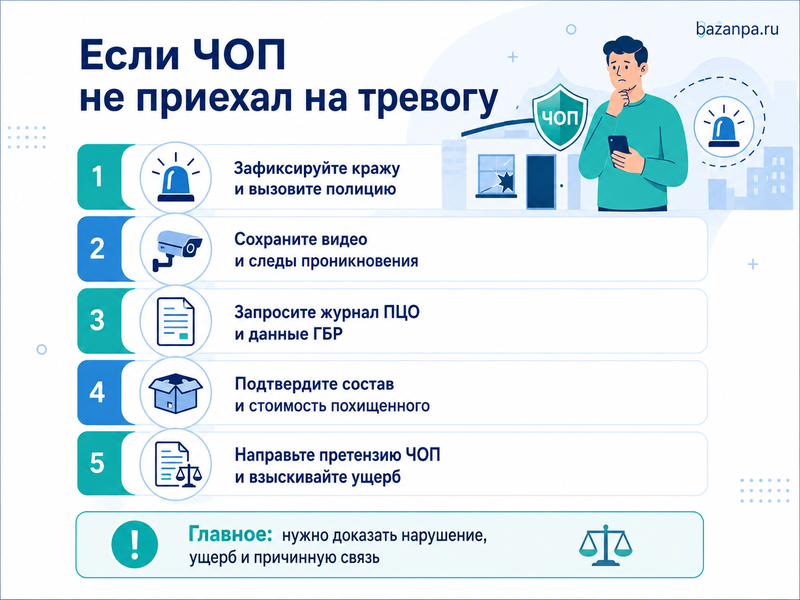ЧОП не приехал на сигнал тревоги кто возмещает ущерб от кражи