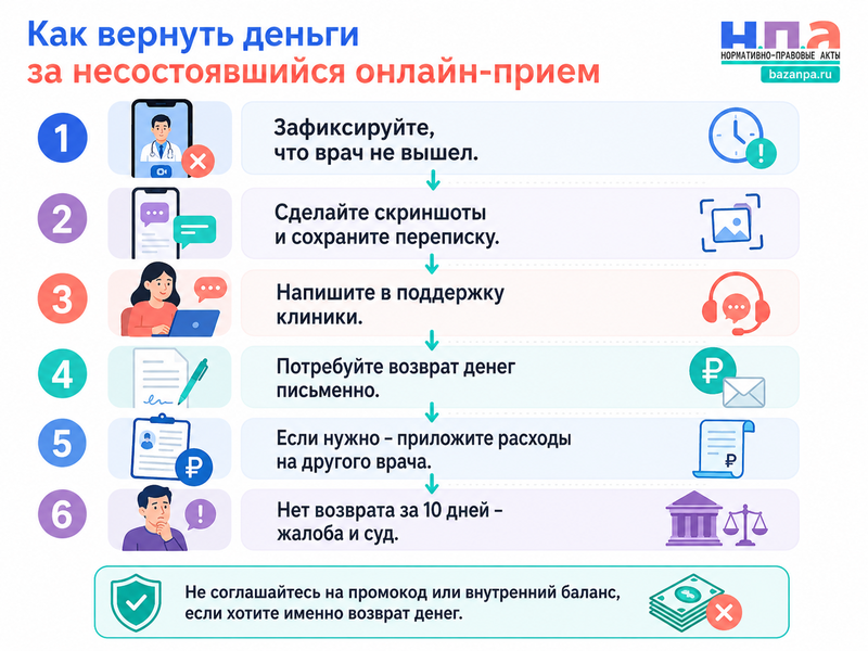 Частная клиника получила деньги за онлайн-консультацию, но врач не вышел на связь как вернуть оплату