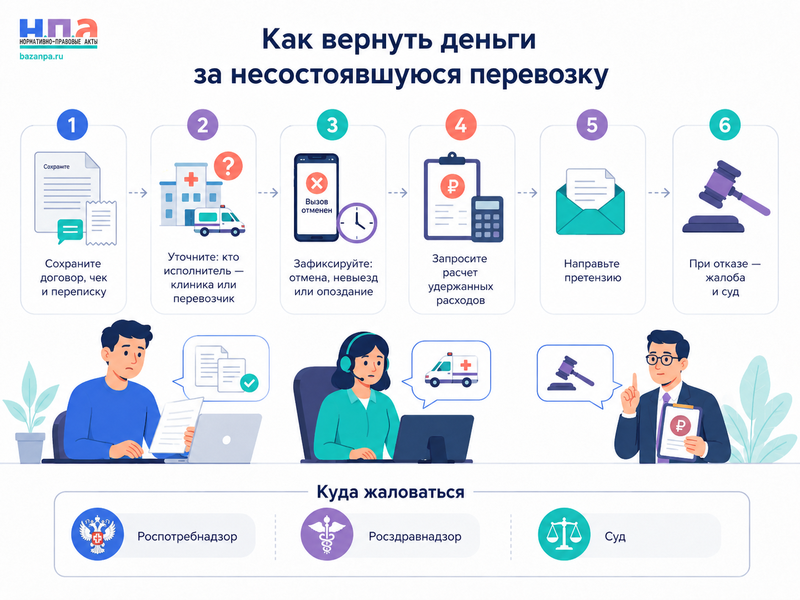 Частная скорая помощь или медицинский транспорт требуют полную стоимость, хотя перевозка не состоялась