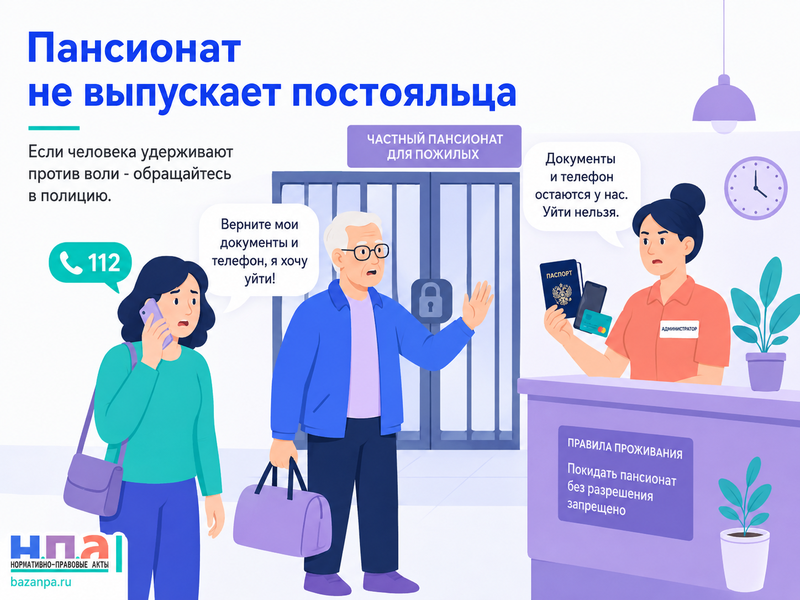 Частный пансионат удерживает паспорт, банковскую карту или телефон постояльца и не позволяет ему уйти