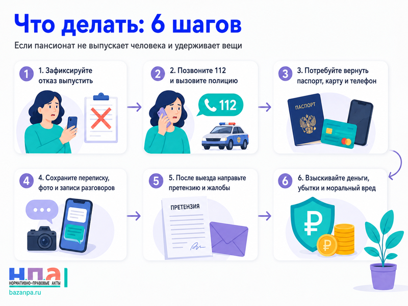Частный пансионат удерживает паспорт, банковскую карту или телефон постояльца и не позволяет ему уйти