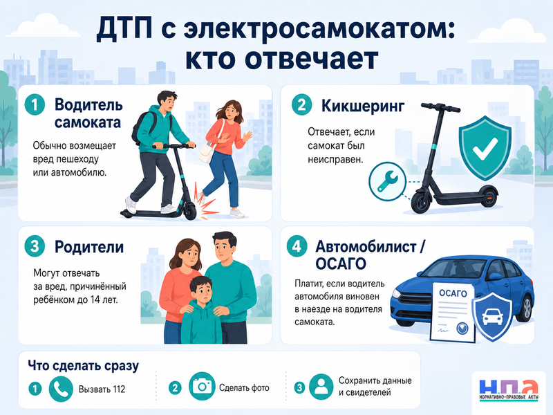 ДТП с электросамокатом в 2026 году кто возмещает вред пешеходу, автомобилю или самому водителю