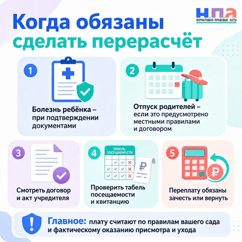 Детский сад начисляет родительскую плату за дни болезни, отпуска или отсутствия ребёнка как добиться перерасчёта