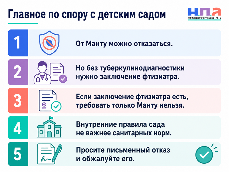 Детский сад не допускает ребёнка без пробы Манту, Диаскинтеста или заключения фтизиатра когда это законно