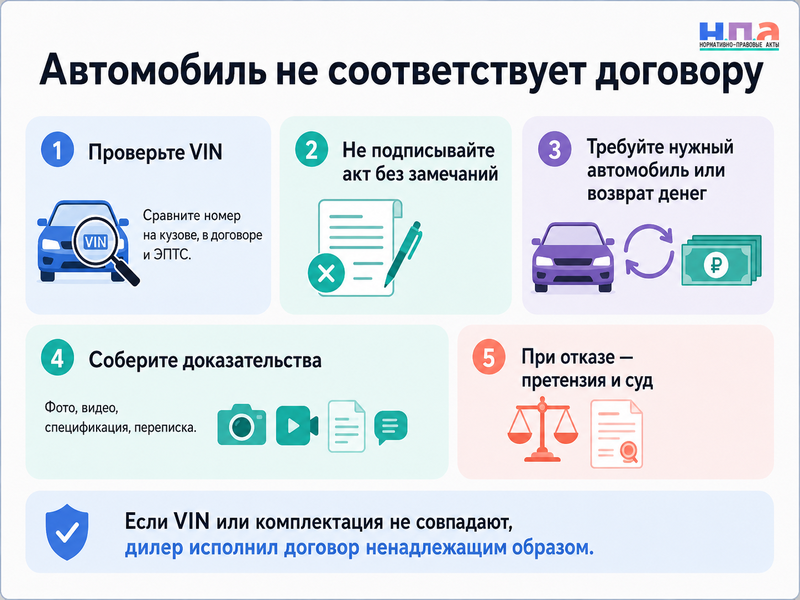 Дилер передал автомобиль с другим VIN, годом выпуска, комплектацией или характеристиками