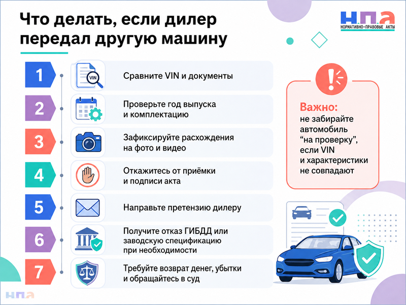 Дилер передал автомобиль с другим VIN, годом выпуска, комплектацией или характеристиками