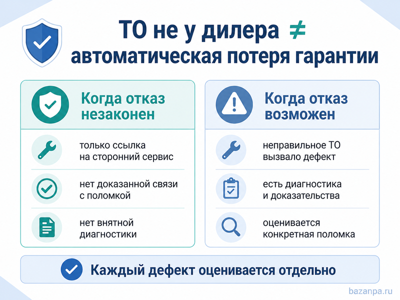 Дилер снял автомобиль с гарантии из-за обслуживания в стороннем сервисе когда отказ незаконен