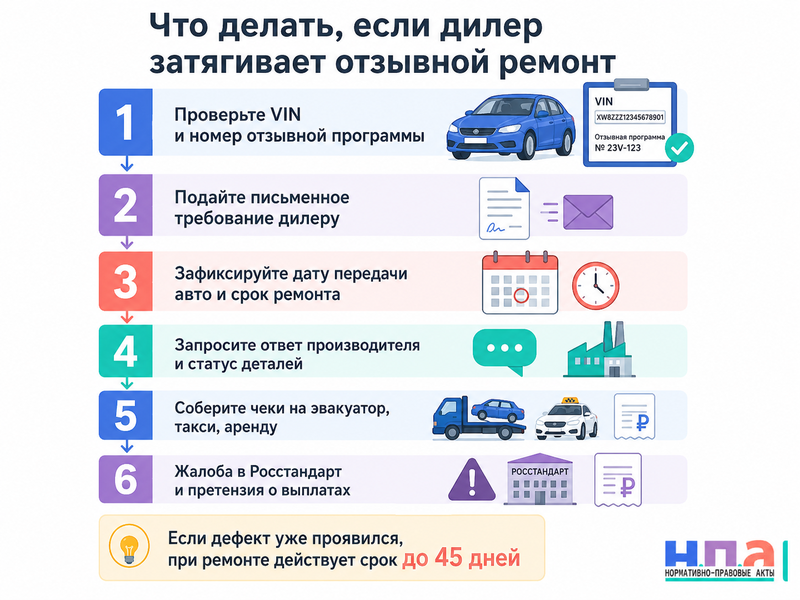 Дилер затягивает бесплатный ремонт автомобиля по отзывной кампании сроки, жалоба и возмещение убытков