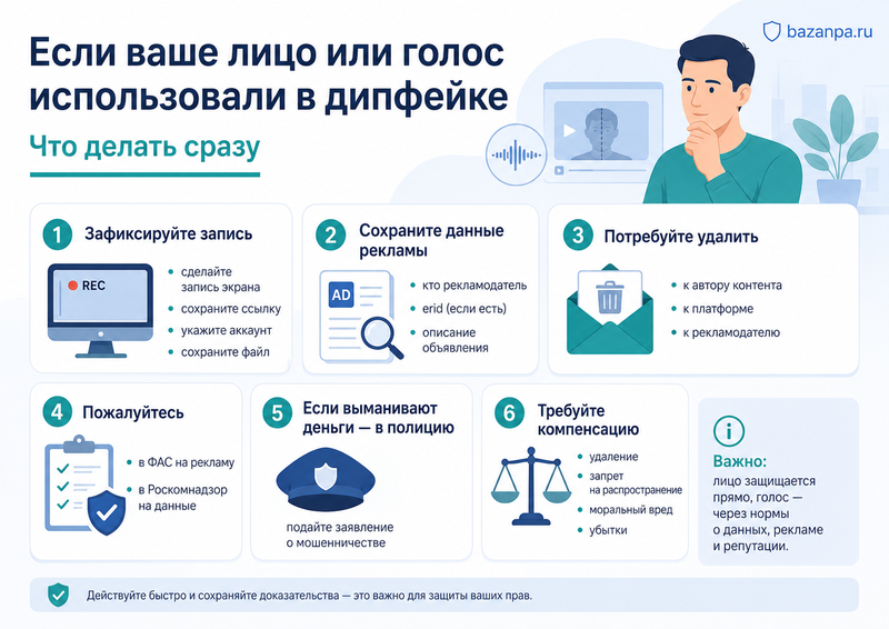 Дипфейк с лицом или голосом человека используют в рекламе либо для мошенничества как удалить запись и получить компенсацию