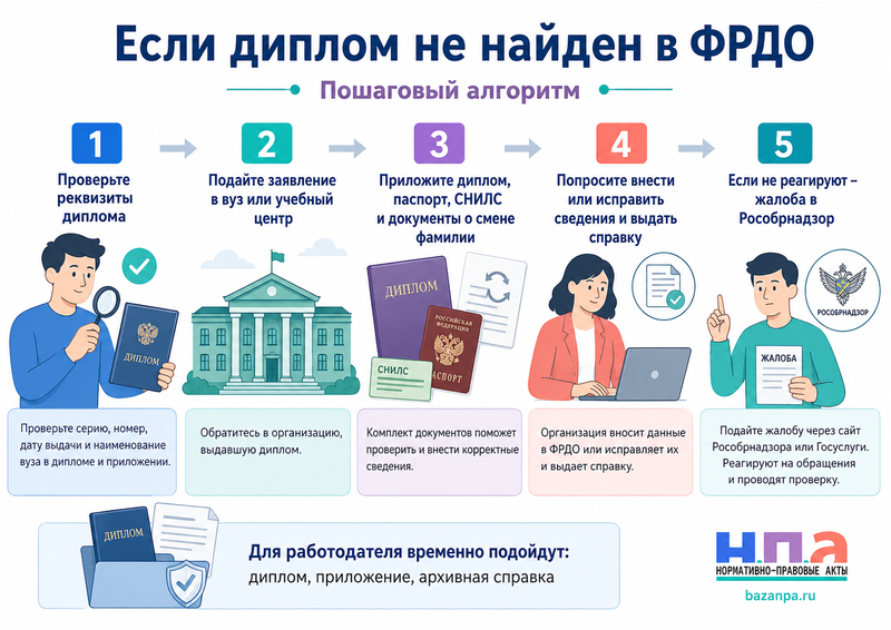 Диплом или удостоверение не отображается в ФРДО