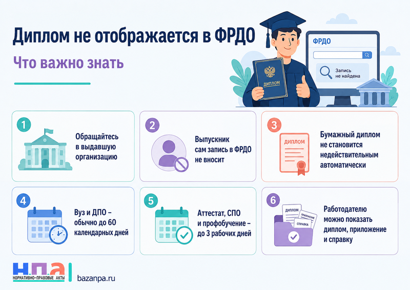 Диплом или удостоверение не отображается в ФРДО