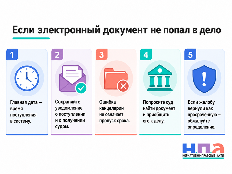 Документ через ГАС «Правосудие» принят вовремя, но не попал в дело как доказать соблюдение срока