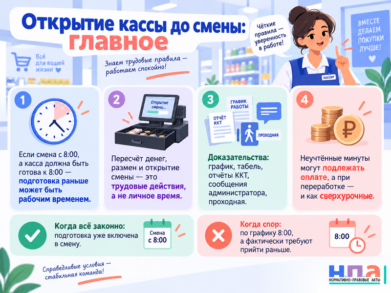 Должны ли кассиру оплачивать пересчёт кассы до начала смены