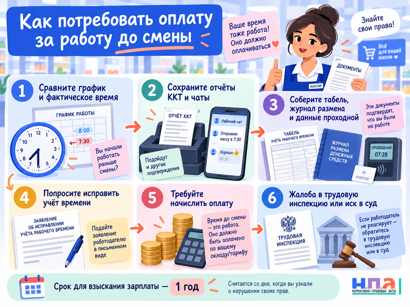Должны ли кассиру оплачивать пересчёт кассы до начала смены