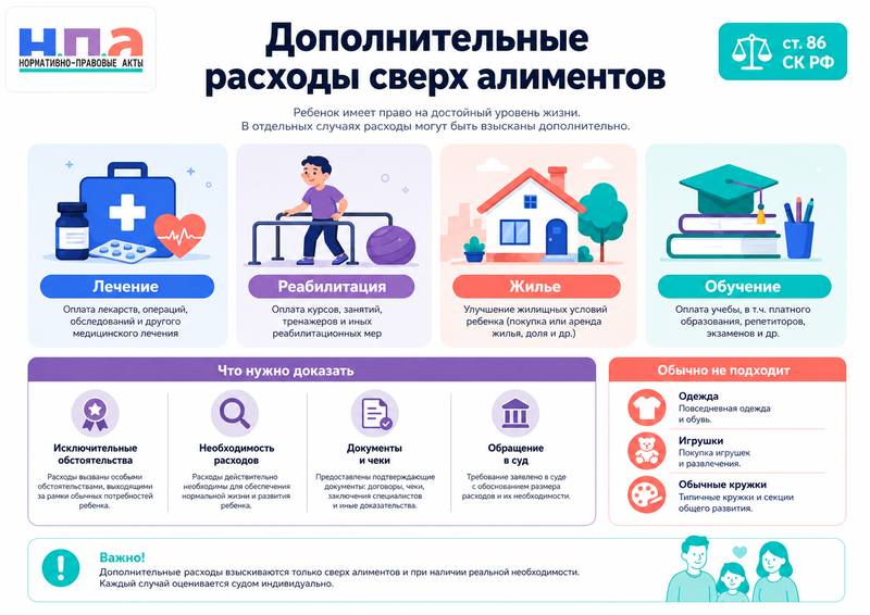 Дополнительные расходы на ребенка сверх алиментов лечение, жилье, реабилитация и обучение