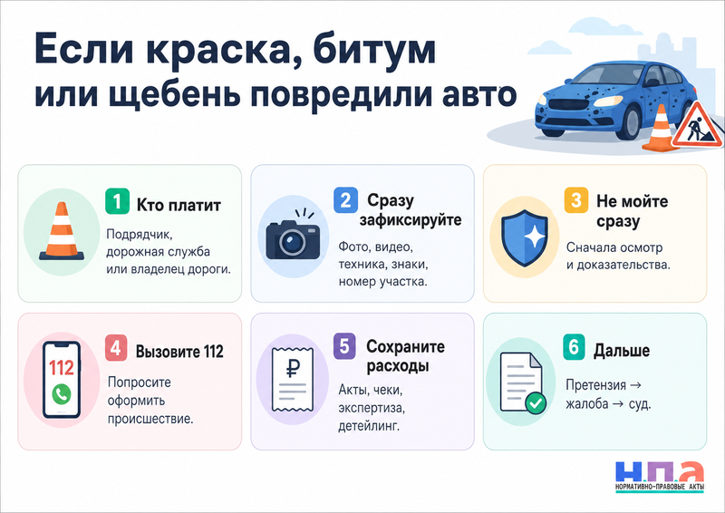 Дорожная краска, битум, гудрон или щебень при ремонте дороги повредили автомобиль кто платит