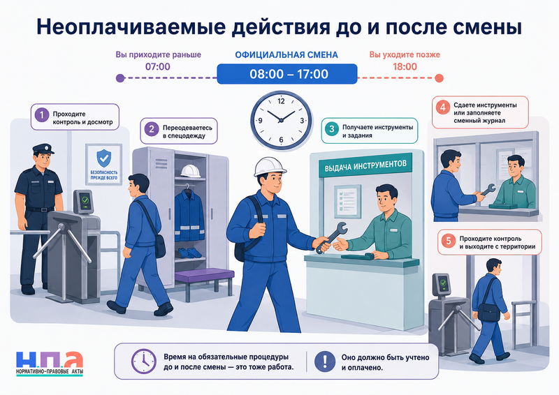 Досмотр на проходной, переодевание, получение инструмента и сдачу смены не включают в рабочее время можно ли взыскать оплату