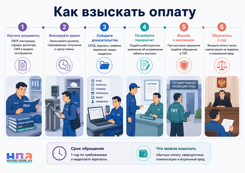 Досмотр на проходной, переодевание, получение инструмента и сдачу смены не включают в рабочее время можно ли взыскать оплату