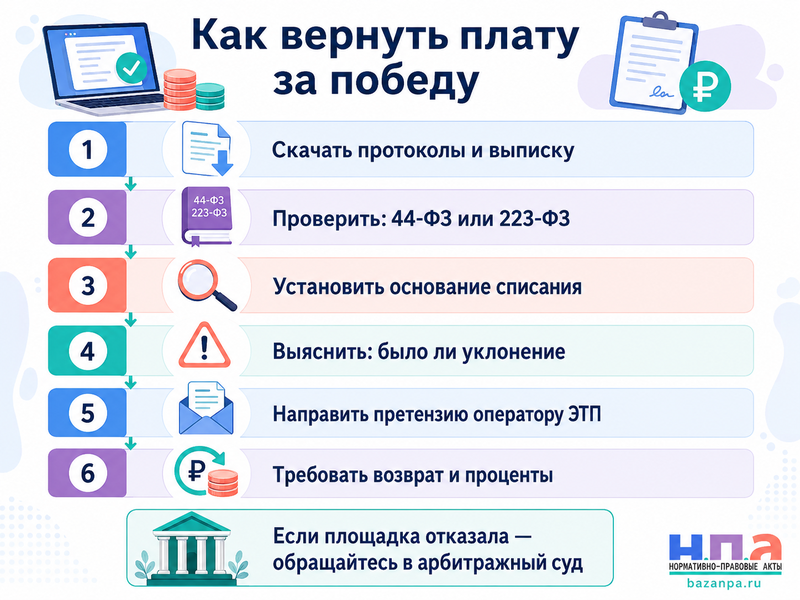 Электронная площадка удержала комиссию или плату за победу, хотя контракт не заключен как вернуть деньги