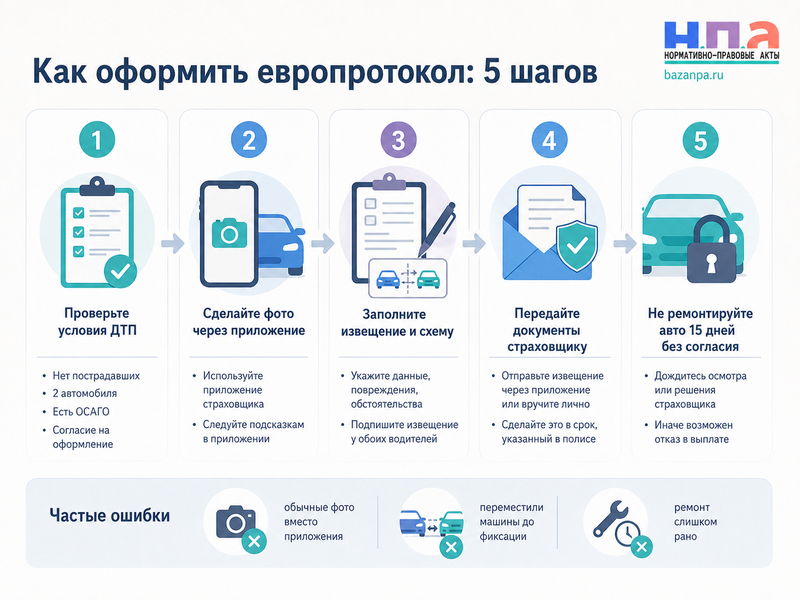 Европротокол при ДТП в 2026 году лимит выплаты, фотографии, извещение и типичные ошибки