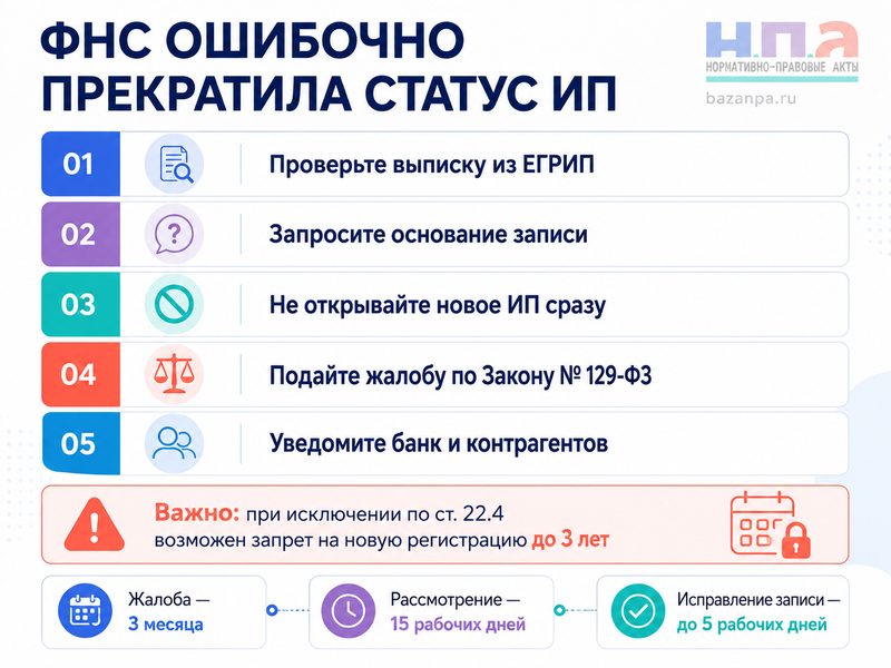 ФНС ошибочно прекратила статус действующего ИП: как восстановить запись в ЕГРИП и взыскать потери
