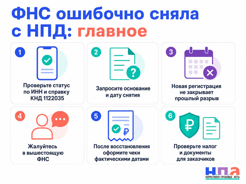 ФНС ошибочно сняла самозанятого с НПД как восстановить статус и исправить чеки