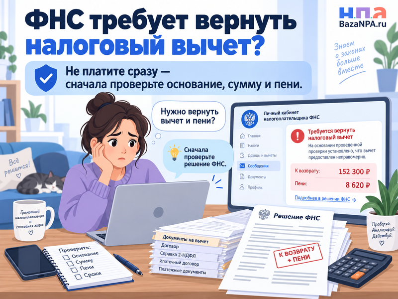 ФНС требует вернуть уже полученный налоговый вычет и пени что делать