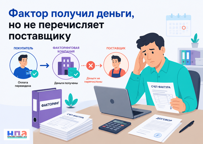 Факторинговая компания получила деньги от покупателя, но не перечисляет финансирование или остаток поставщику