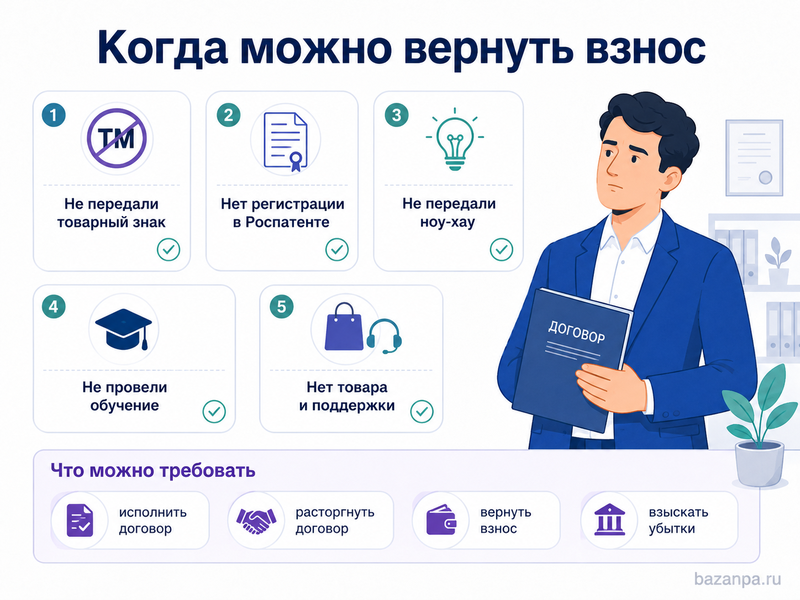 Франчайзер получил паушальный взнос, но не передал товарный знак, ноу-хау, обучение или поддержку бизнеса