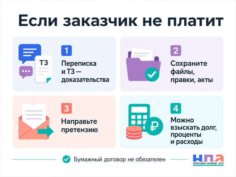 Фрилансер или самозанятый выполнил работу, а заказчик не платит как взыскать деньги без бумажного договора