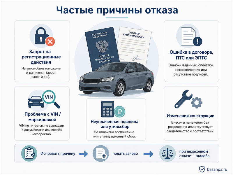 ГИБДД отказала в регистрации автомобиля причины отказа, исправление документов и жалоба