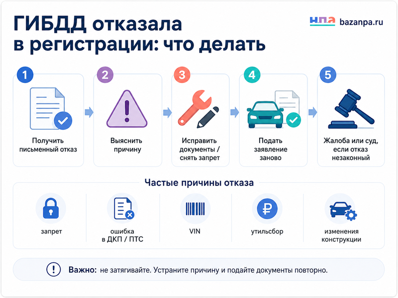 ГИБДД отказала в регистрации автомобиля причины отказа, исправление документов и жалоба