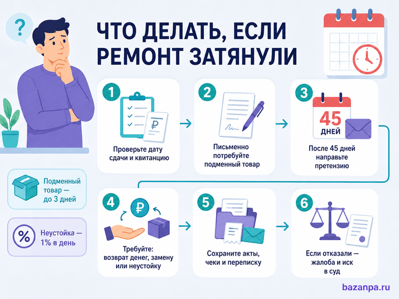 Гарантийный ремонт затянули: сроки, подменный товар и требование вернуть деньги