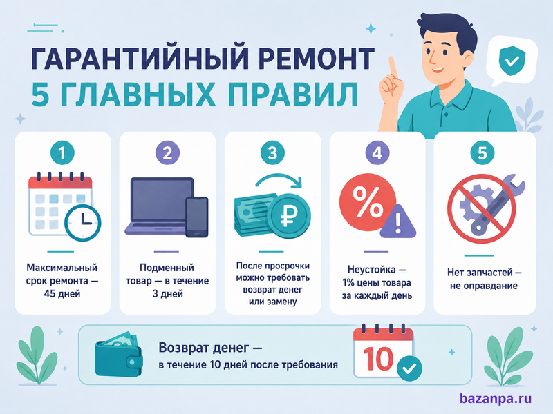 Гарантийный ремонт затянули: сроки, подменный товар и требование вернуть деньги