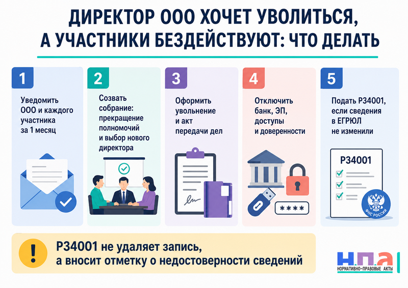 Генеральный директор хочет уволиться, но участники ООО бездействуют как прекратить полномочия и убрать сведения из ЕГРЮЛ