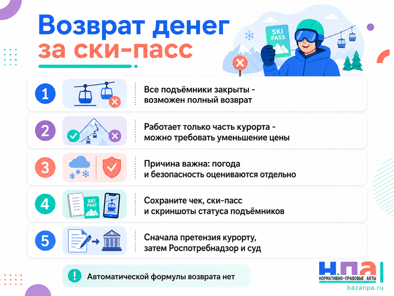 Горнолыжный курорт продал ски-пасс, но подъёмники закрыты можно ли вернуть деньги