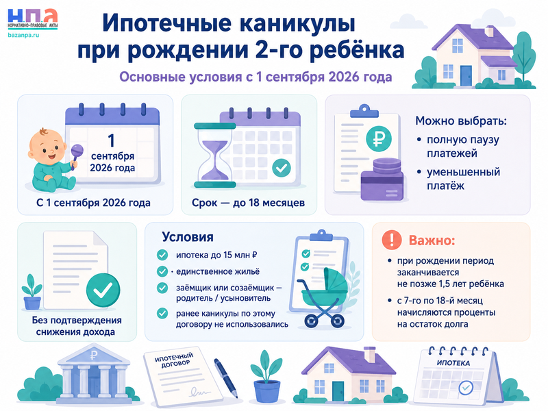 Ипотечные каникулы при рождении второго или следующего ребёнка с 1 сентября 2026 года условия, срок до 18 месяцев и заявление в банк