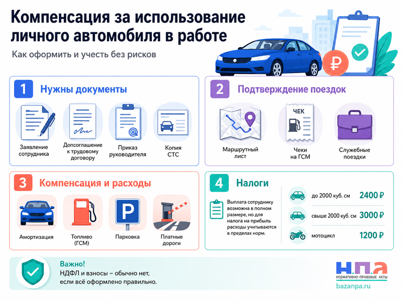 Использование личного автомобиля в служебных целях компенсация, документы и налоги