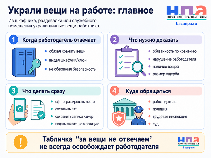 Из шкафчика, раздевалки или служебного помещения украли личные вещи работника: отвечает ли работодатель