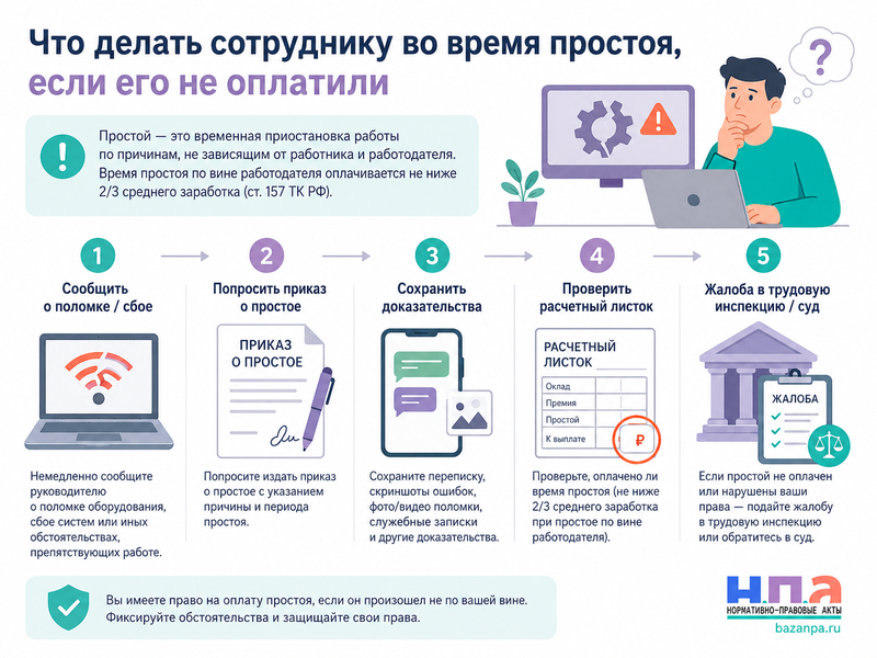 Как оплачивается простой на работе при отсутствии заказов, поломке оборудования или отключении интернета