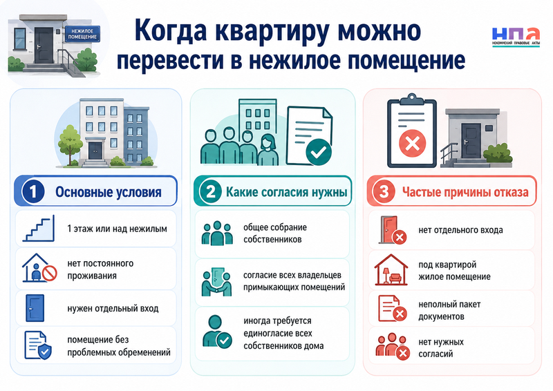 Как перевести квартиру в нежилое помещение согласие собственников, отдельный вход и причины отказа