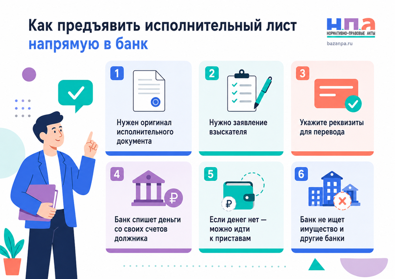 Как предъявить исполнительный лист напрямую в банк и взыскать деньги без судебного пристава