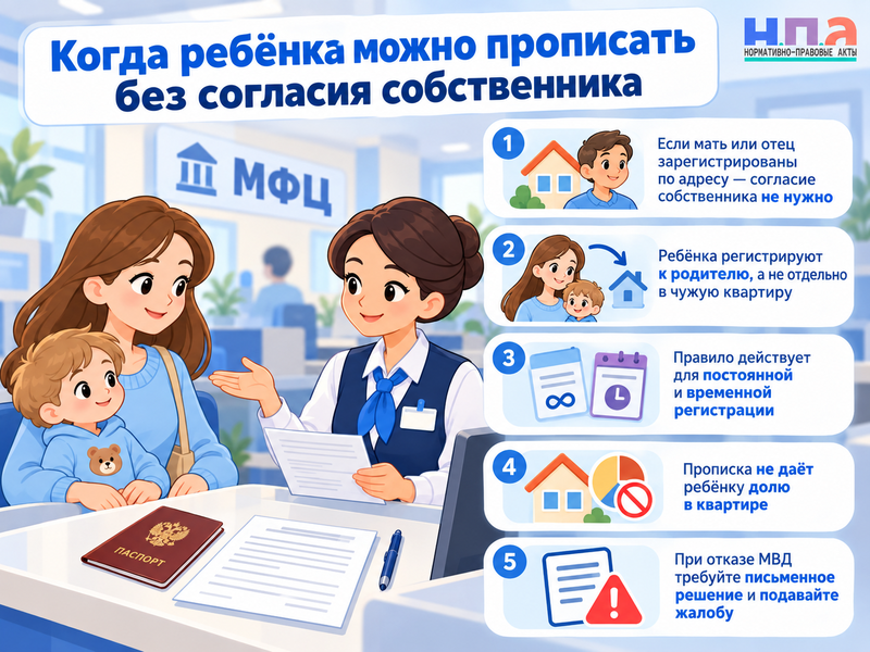 Как прописать ребёнка к матери или отцу, если собственник квартиры против