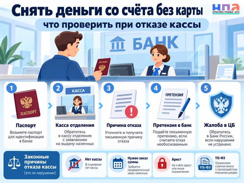 Как снять деньги со счёта без карты и что делать при отказе кассы