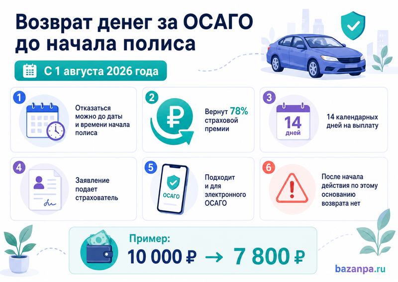 Как вернуть часть стоимости ОСАГО при отказе от полиса до начала его действия с 1 августа 2026 года