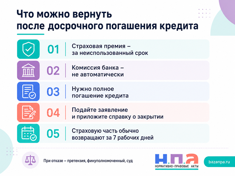 Как вернуть часть страховой премии и комиссию банка после досрочного погашения кредита
