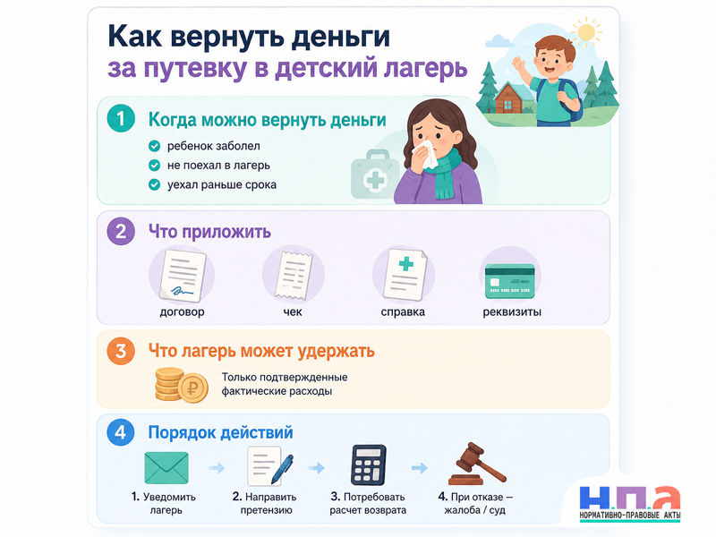 Как вернуть деньги за путевку в детский лагерь, если ребенок заболел или не поехал