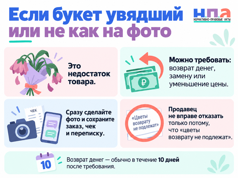 Как вернуть деньги за увядший или не соответствующий фото букет