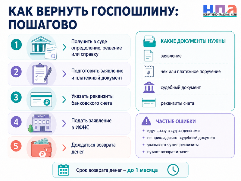 Как вернуть госпошлину из суда заявление, срок и документы